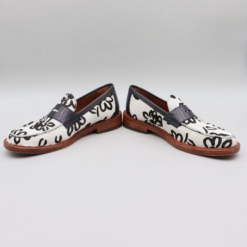 Taft Mens The Fitz Slip-On Penny Loafer Floral Print Calf Hair Sz 42 Black White